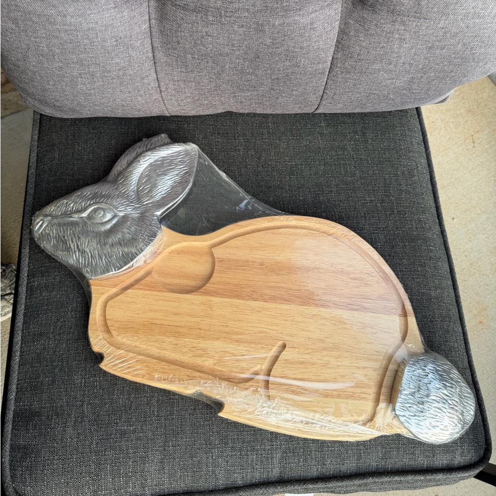 Large Rabbit shaped serving board - Wood & Silver Accent